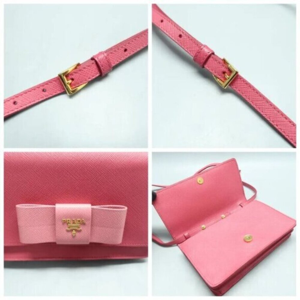 PRADA Saffiano Pink Bow Leather Shoulder Bag 390-082825 - Picture 9 of 13
